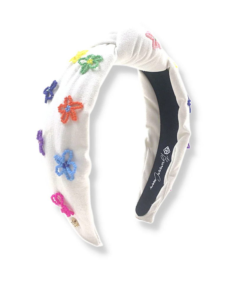 White Headband with Colorful Beaded Flowers