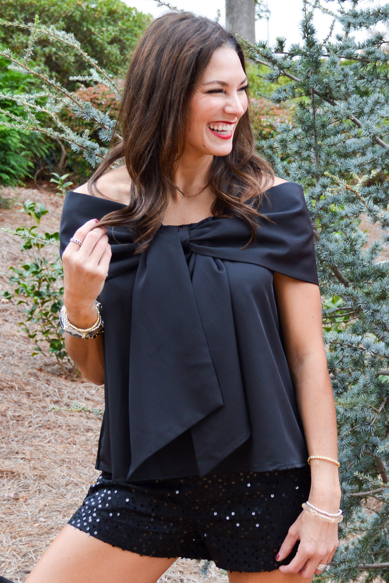 Bowtiful Bliss Off The Shoulder Top- Black