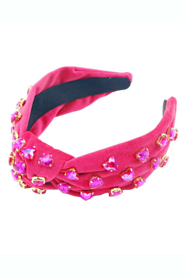 Hot Pink Velvet with Heart Crystals Headband