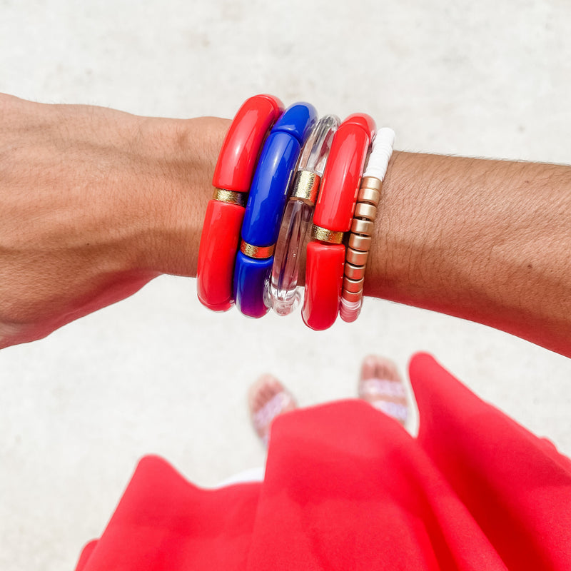 Red, white, and blue bracelet stack